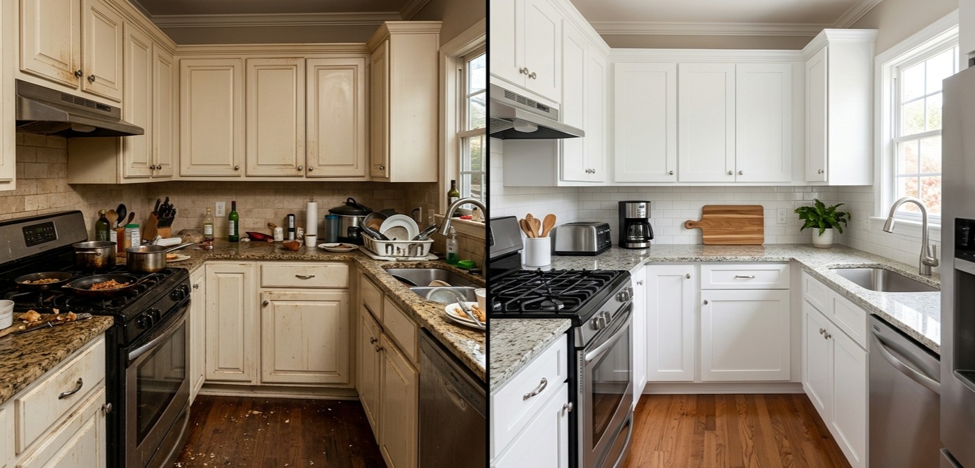 Before and after transformation of a dirty kitchen deep cleaned by professional maid services in Atlanta
