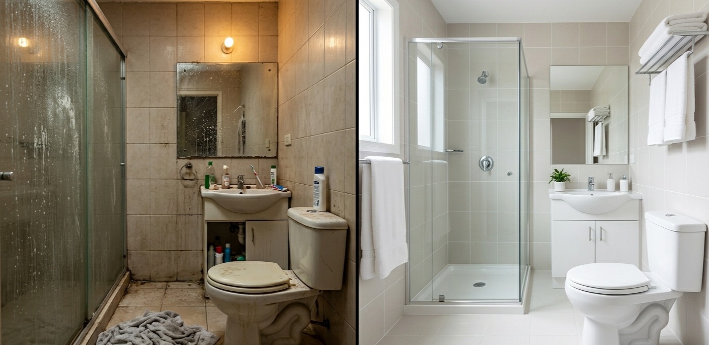 Professional bathroom deep cleaning transformation showing soap scum removal from glass shower door in Atlanta GA