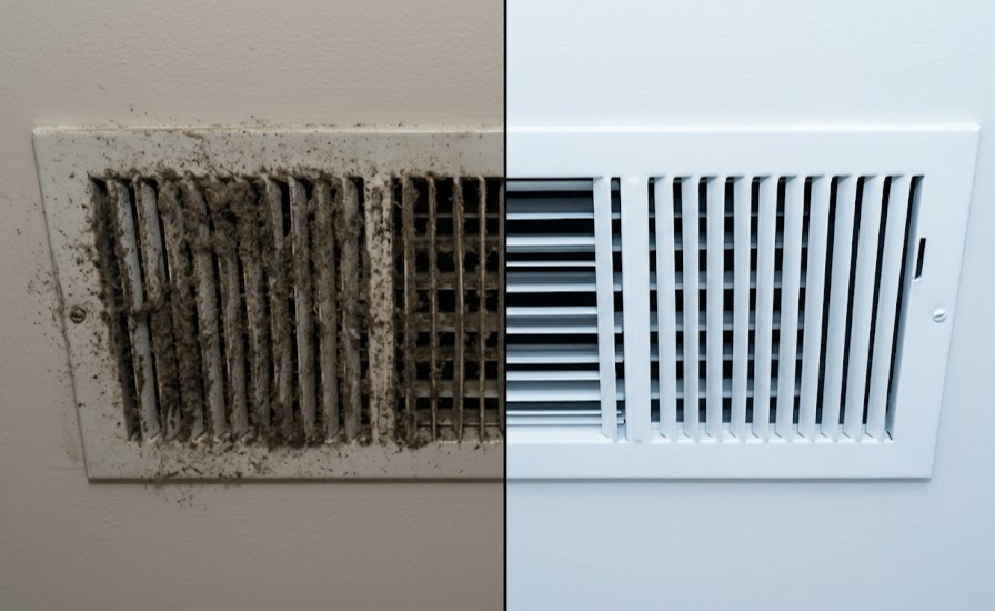 Before and after professional deep cleaning of a dusty home air vent to improve indoor air quality for allergy sufferers in Atlanta