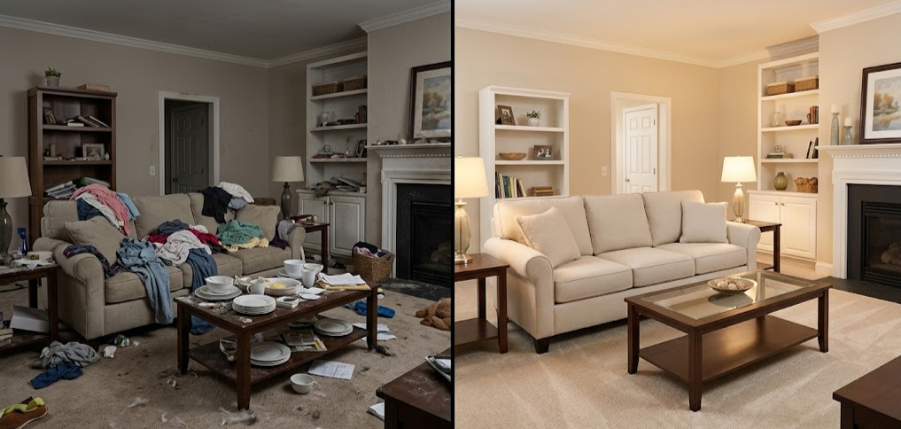 Before and after split screen comparison of a cluttered, stressful Atlanta living room transformed into a clean, peaceful space by a residential cleaning service