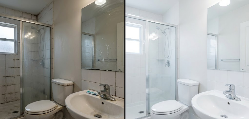 Before and after split screen comparison of a cluttered, stressful Atlanta living room transformed into a clean, peaceful space by a residential cleaning service