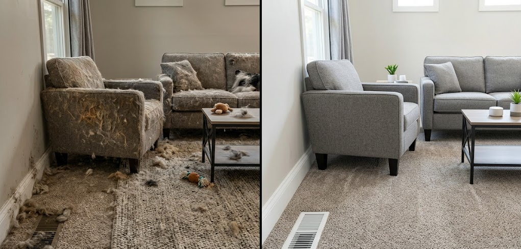 Before and after photo comparison of an interior home covered in pet fur and hair fully deep cleaned to remove allergens and improve air quality