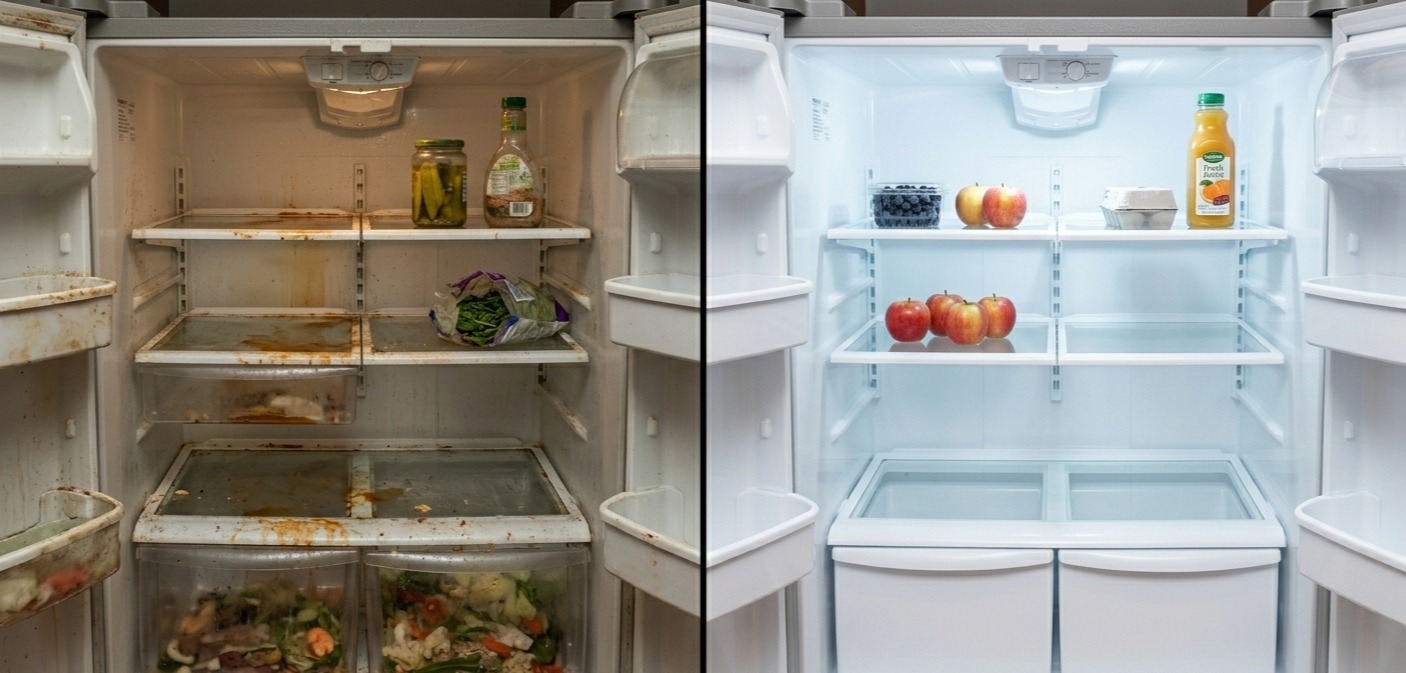 Before and after transformation of a dirty kitchen deep cleaned by professional maid services in Atlanta