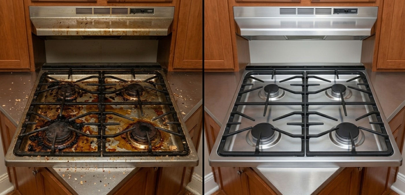 Before and after transformation of a dirty kitchen deep cleaned by professional maid services in Atlanta