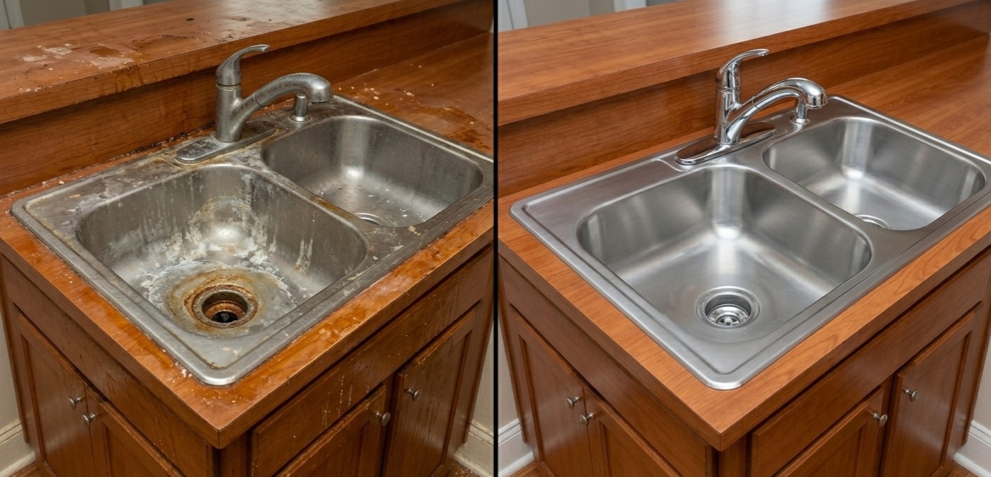 Before and after transformation of a dirty kitchen deep cleaned by professional maid services in Atlanta